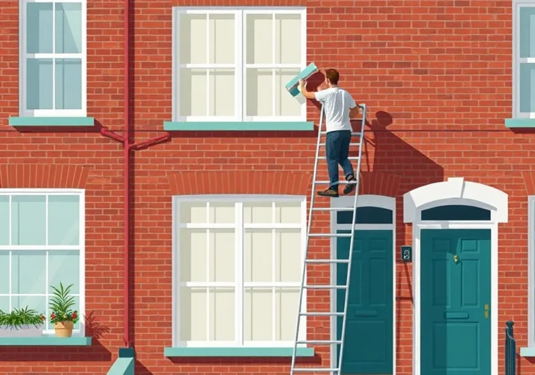 Peintre sur échafaudage traitant la façade d'une maison